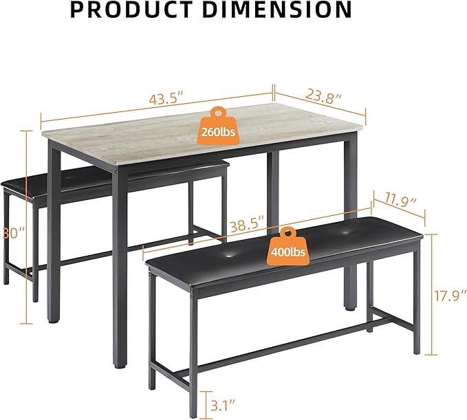Dining Table Set for 4, Wood Kitchen Table & Chair with 2 Upholstered Benches for Breakfast Nook and Small Space, Grey