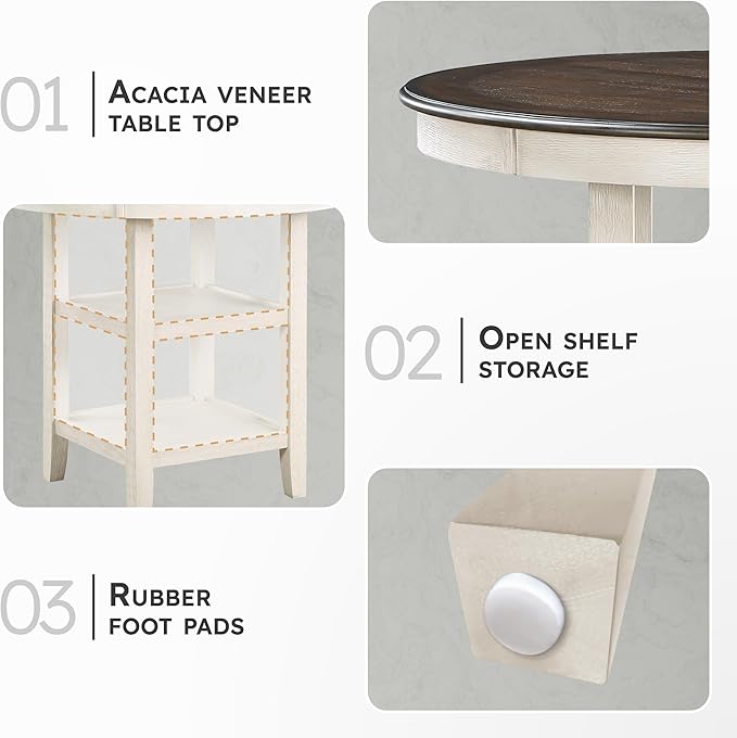 Lexicon 42-Inch Dia. Round Counter Height Table for 4 People, Counter Height Dining Table with Storage Base, Acacia Veneer, Wood Frame, for Home/Kitchen/Dining Room, Brown/Antique White