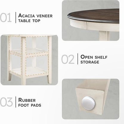 Lexicon 42-Inch Dia. Round Counter Height Table for 4 People, Counter Height Dining Table with Storage Base, Acacia Veneer, Wood Frame, for Home/Kitchen/Dining Room, Brown/Antique White