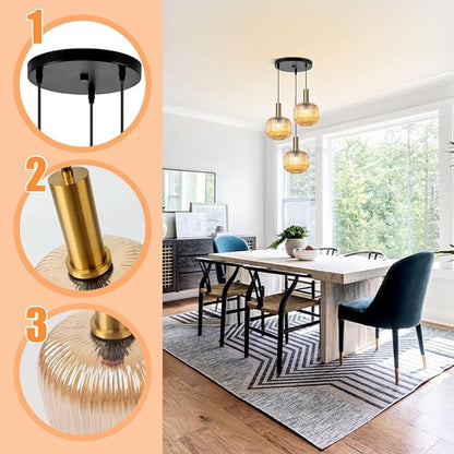 3-Light Cluster Pendant Lights Glass Globe Chandelier Amber Adjustable Hanging Ceiling Lighting Mid Century Modern Gold Pendant Lamps for Bedroom Dining Room Living Room