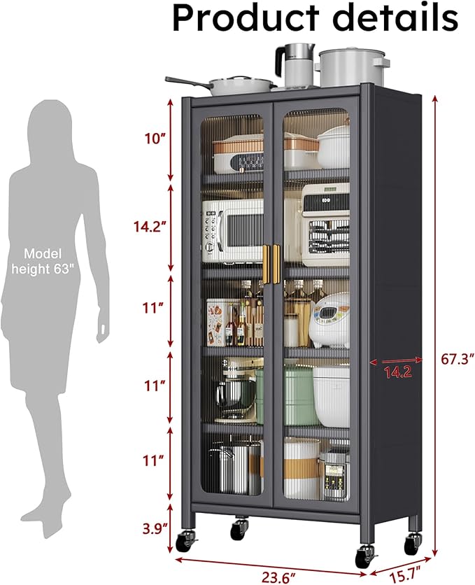67.3" Kitchen Pantry Storage Cabinet with Acrylic Glass Door, Adjustable Shelves & Wheels,Metal Tall Food Pantries Cabinets,for Kitchen, Living Room and Dining Room, Gray