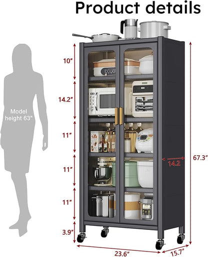 67.3" Kitchen Pantry Storage Cabinet with Acrylic Glass Door, Adjustable Shelves & Wheels,Metal Tall Food Pantries Cabinets,for Kitchen, Living Room and Dining Room, Gray