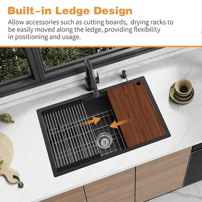 Black Kitchen Sink Workstation,30"x19" Stainless Steel Undermount Single Bowl Kitchen Sink Built-in Ledge Drop In Workstation Sink For Placing/Sliding Accessories-Cutting Board,Drying Rack