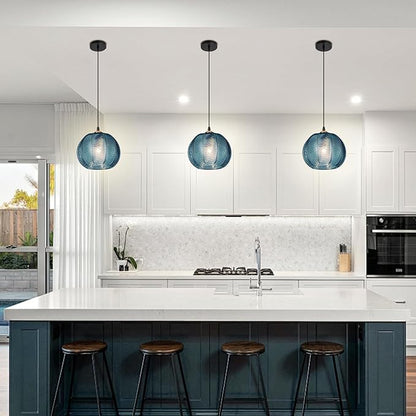 Dark Blue Striped Glass Pendant Light Adjustable Hanging Light Vintage Industrial Ceiling Hanging Fixture for Kitchen Island, Dining Room, Bar, Entryway