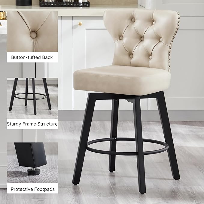 KISLOT Counter Height Barstools 26 inch Upholstered Button Tufted Swivel Bar Stools with Back for Kitchen Island,Set of 2,Beige PU Leather