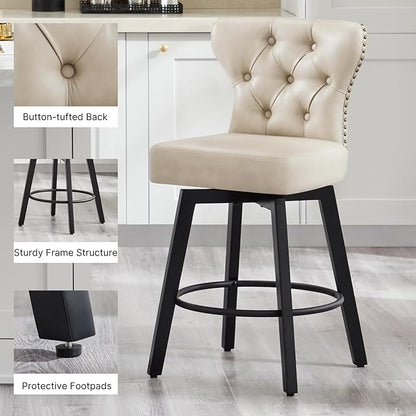 KISLOT Counter Height Barstools 26 inch Upholstered Button Tufted Swivel Bar Stools with Back for Kitchen Island,Set of 2,Beige PU Leather