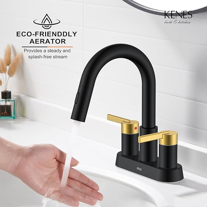 KENES Black and Gold Centerset Bathroom Faucet with Pull Out Sprayer, 4 Inch 2 Handle Pull Down Bathroom Sink Faucet 3 Hole, Bathroom Vanity Faucet with Pop Up Drain & Supply Lines LJ-9069-BG