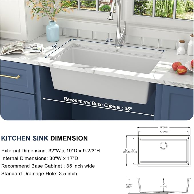 Lordear 32 Granite Composite Kitchen Sink Undermount 32"x19" White Kitchen Sink Deep Single Bowl Under Counter Workstation Sinks with Accessories
