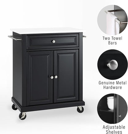 Crosley Furniture Compact Stone Top Small Rolling Cart with Shelves, Microwave Stand with Towel Rack, Black