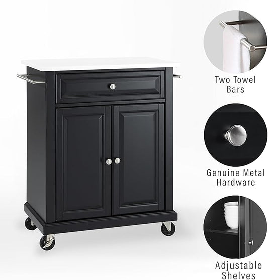 Crosley Furniture Compact Stone Top Small Rolling Cart with Shelves, Microwave Stand with Towel Rack, Black