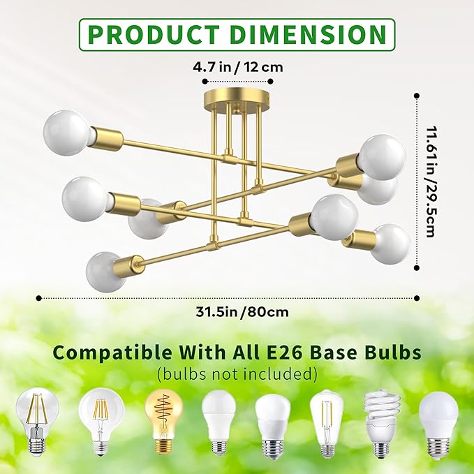Modern Sputnik Chandelier Ceiling Light Fixtures, 8-Lights Mid Century Industrial Metal Semi Flush Mount for Dining Room, Bedroom, Living Room-Brushed Gold