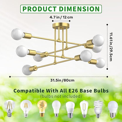 Modern Sputnik Chandelier Ceiling Light Fixtures, 8-Lights Mid Century Industrial Metal Semi Flush Mount for Dining Room, Bedroom, Living Room-Brushed Gold