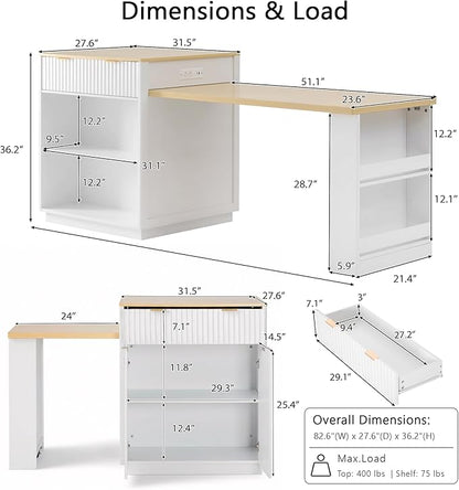 Polibi 82.6" Fluted Kitchen Island with Extendable Dining Table, for 4-6 Seating, Power Outlet (AC/USB/C), Double-Side Storage, 2 Drawers & Side Open Shelves, White