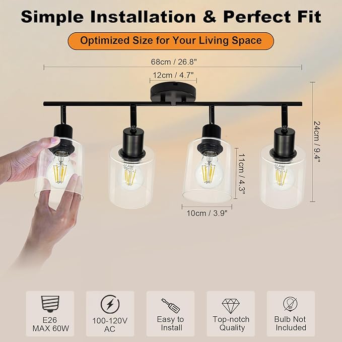 HiBay 4-Light Black Track Lighting Fixture, Ceiling Wall Mount Rotatable Spotlight with Glass Shades, Modern Farmhouse Industrial Track Lights for Kitchen, Dining Room, Bathroom, E26 Base