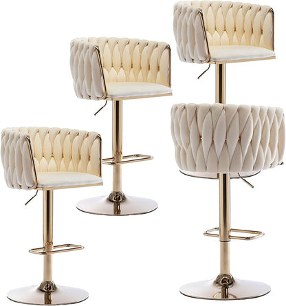 Rhomtree 24-32 Inch Swivel Bar Stools, Adjustable Counter Height Barstools with Nailheads Trim, Velvet Woven Tufted Back and Golden Footrest, Upholstered Bar Chairs Bar Kitchen Island(Ivory Set of 4)