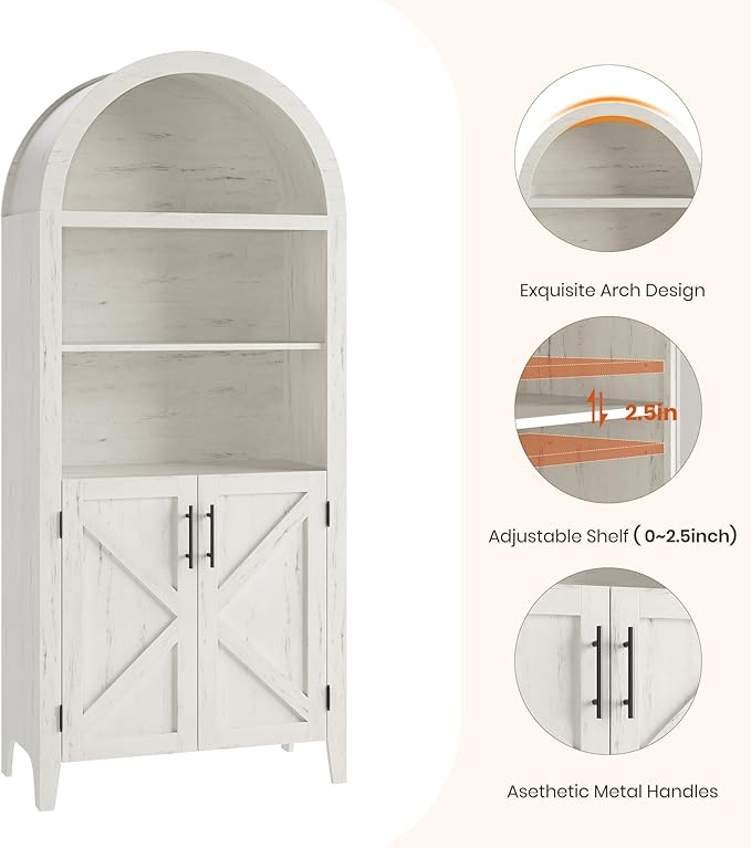IDEALHOUSE Arched Kitchen Pantry Cabinet with Doors - 5-Tier Open Display Shelf with Nice Texture, Farmhouse Storage Cabinet for Kitchen, Dining Room, Living Room, White