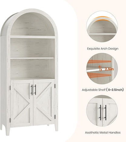 IDEALHOUSE Arched Kitchen Pantry Cabinet with Doors - 5-Tier Open Display Shelf with Nice Texture, Farmhouse Storage Cabinet for Kitchen, Dining Room, Living Room, White