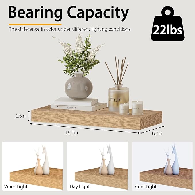 INHABIT UNION Oak Floating Shelves Wood for Wall 15.7in Wall Mounted Display Ledge Shelves Perfect for Bedroom, Bathroom, Living Room and Kitchen Decoration Storage (Set of 2)