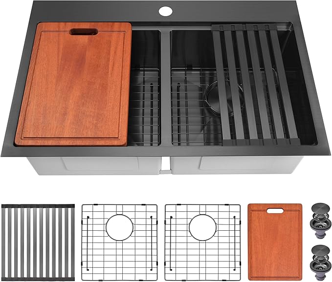 LQS 33 Inch Black Drop in Kitchen Sink, Spacious 33 x 22 Drop In Kitchen Sink 50/50 Double Bowl, 16 Gauge Handmade Black Stainless Steel Kitchen Sink with Practical Accessories, R15 Round Corner