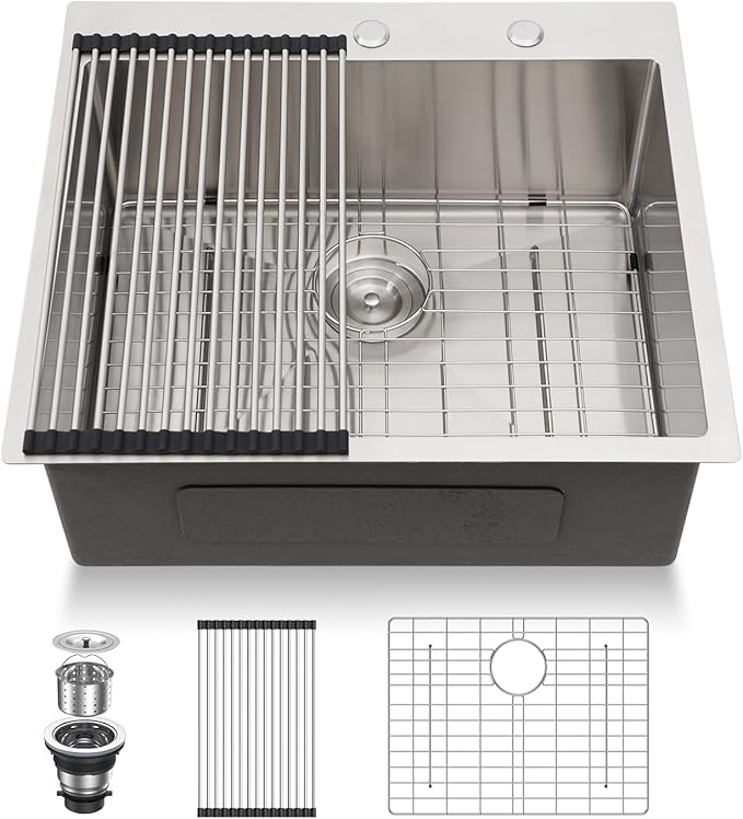 Lordear 25 Drop In Kitchen Sinks 25 x 22 Single Bowl Stainless Steel 16 Gauge Topmount Over Counter Handmade Kitchen Laundry Room Utility Sink Basin