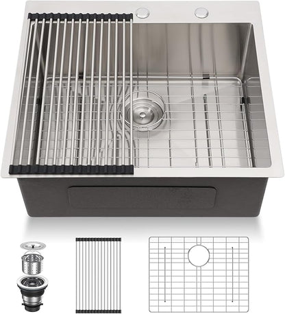 Lordear 25 Drop In Kitchen Sinks 25 x 22 Single Bowl Stainless Steel 16 Gauge Topmount Over Counter Handmade Kitchen Laundry Room Utility Sink Basin
