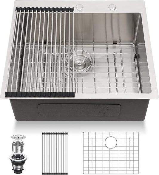 Lordear 25 Drop In Kitchen Sinks 25 x 22 Single Bowl Stainless Steel 16 Gauge Topmount Over Counter Handmade Kitchen Laundry Room Utility Sink Basin