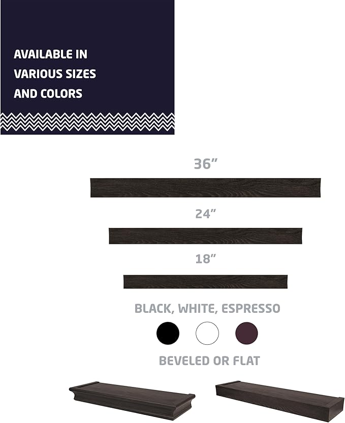 HIGH & MIGHTY 515653 Modern 18" Floating Shelf Holds up to 15lbs, Easy Tool-Free Dry Wall Installation, Flat, eCommerce Packaging, Espresso