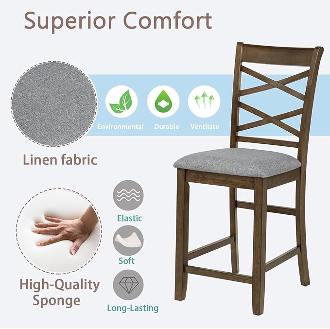 Set of 4 Dining Chairs, Wooden Kitchen Chairs with Padded Cushion, Upholstered Stools for Kitchen Island, Dining Room, Living Room, Easy Assembly (Walnut - Cross-backrest)
