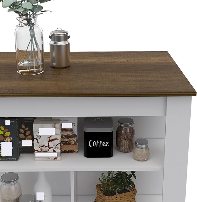 Kitchen Island Kitchen Table 35" H Four Legs with 3 Open Storage Shelves Wide Top for Meal Prep Spacious Leg Room Practical(Brown White)