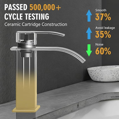 Bathroom Sink Faucet, Waterfall Bathroom Faucet with Pop-up Drain, Supply Hoses and Deck Plate, Suitable for 1 or 3 Holes, Brushed Gold