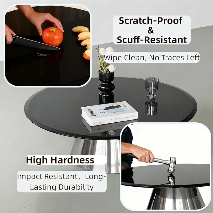 24 inch Round Glass Table Top - Black Tempered Glass Surface Protector - Safe 3/8" Thick Beveled Edge - Useful for Replacement,Dining Table, Patio, Coffee and End Table,Indoor & Outdoor
