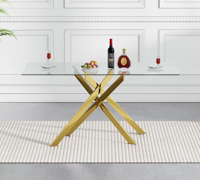 SSLine 51.2" Rectangle Glass Dining Table for 4 Modern Glass Tabletop Kitchen Table for 4 Luxury Dining Room Tables with Gold Nest-Shape Metal Base for Home Kitchen Dining Room