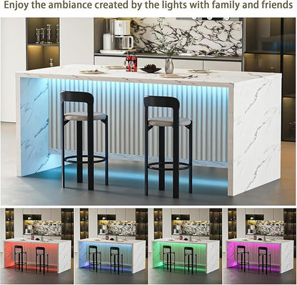71" Faux Marble Dining Table for 4-6, Island Table with LED Lights, Modern Marble Stripes Kitchen Dining Table with Grille Design for Dining Room, Living Room, White