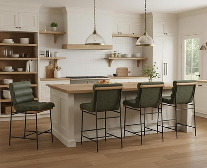 Green Pu Leather Bar stools Set of 4, 25” Modern Upholstered Counter stools with Black Metal Legs, Armless Counter Height Chairs with Channel Tufted Back for Kitchen Island Home Pub