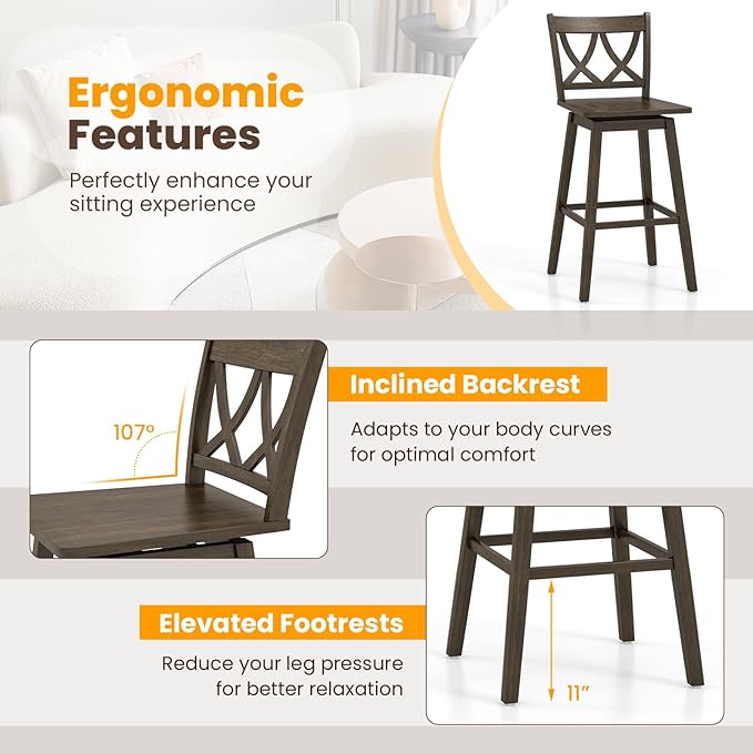 Giantex 29" Bar Stools Set of 2, Swivel Wooden Bar Chairs with Rubber Wood Frame, Footrest & Ergonomic Backrest, Bar Height Barstools for Kitchen Island, Restaurant & Pub, Dark Grey