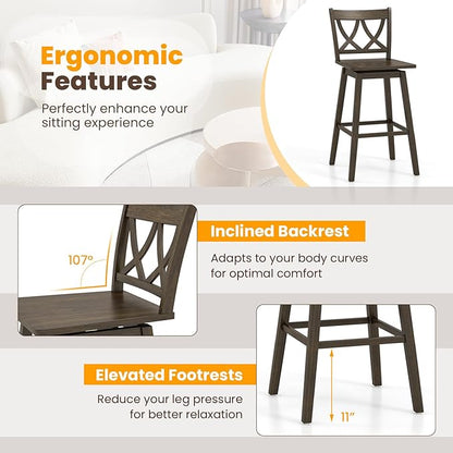 Giantex 29" Bar Stools Set of 2, Swivel Wooden Bar Chairs with Rubber Wood Frame, Footrest & Ergonomic Backrest, Bar Height Barstools for Kitchen Island, Restaurant & Pub, Dark Grey