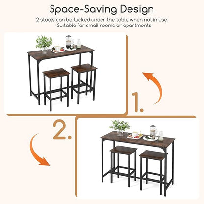 COSTWAY 3-Piece Dining Table Set, 47.5" Industrial Counter-Height Kitchen Table and 2 Bar Stools, High Top Rectangular Pub Table and Chairs for Dining Room Small Place Breakfast Nook Bistro (Coffee)