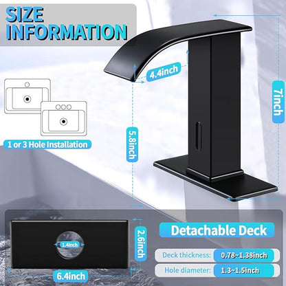 Touchless Sensor Bathroom Sink Faucet for 1 Hole, Waterfall Automatic Hands-Free Matte Black Lavatory Faucets, Easy Installation, Smart Infrared Modern Design for Home Commercial, Battery Powered