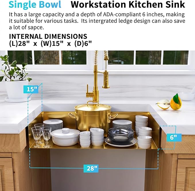 Gold Undermount Kitchen Sink 32 Inch, 16 Guage Stainless Steel Workstation Sinks with Ledge & Accessories, 32" x 18" x 6" Single Bowl ADA-Compliant Large Sink, 6 Inch Depth Gold ADA Sink