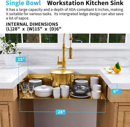 Gold Undermount Kitchen Sink 32 Inch, 16 Guage Stainless Steel Workstation Sinks with Ledge & Accessories, 32" x 18" x 6" Single Bowl ADA-Compliant Large Sink, 6 Inch Depth Gold ADA Sink