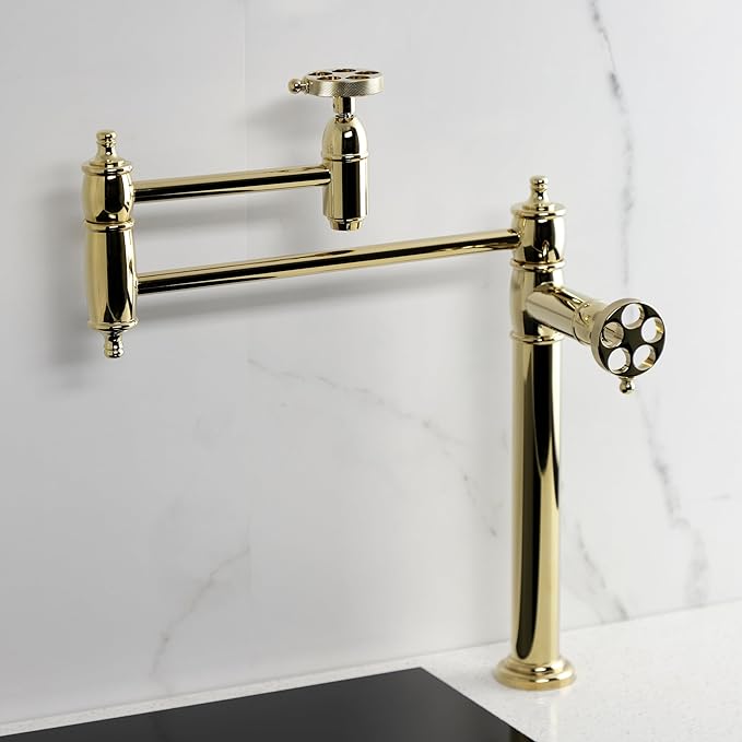 Kingston Brass KS3702RKZ Wendell Two-Handle 1-Hole Deck Mount Pot Filler Faucet with Knurled Handle in Polished Bronze