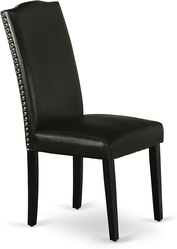 East West Furniture ENP1T69 Encinal Parson Dining Room Chairs - Nailhead Trim Black Faux Leather Padded Chairs, Set of 2, Black