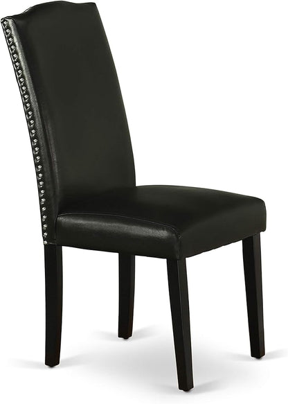 East West Furniture ENP1T69 Encinal Parson Dining Room Chairs - Nailhead Trim Black Faux Leather Padded Chairs, Set of 2, Black