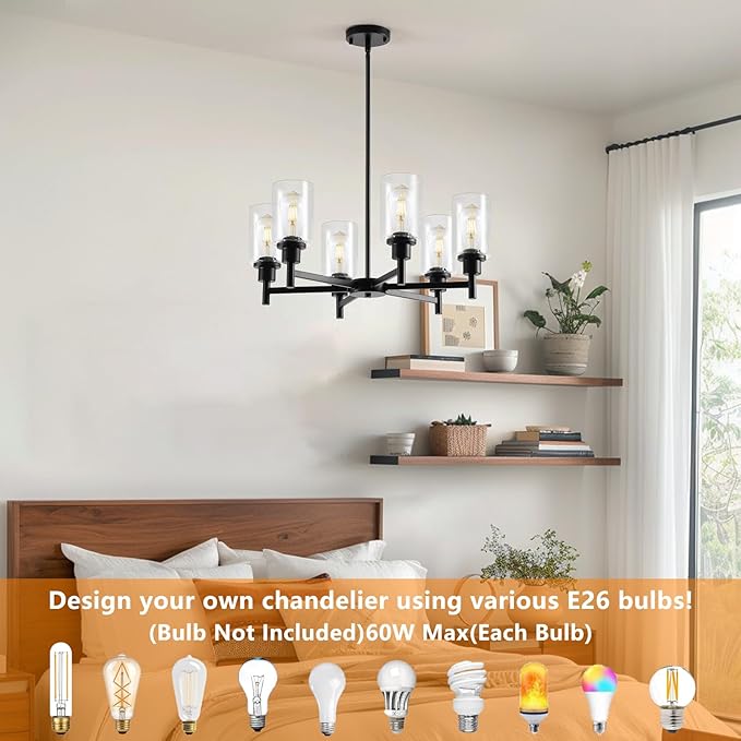 9MMML Farmhouse 6-Light Glass Chandelier, Modern Black Light Fixture for Kitchen Dining Room Over Table, Industrial Lighting for Living Room, Foyer, Entryway, E26 Bulb Base
