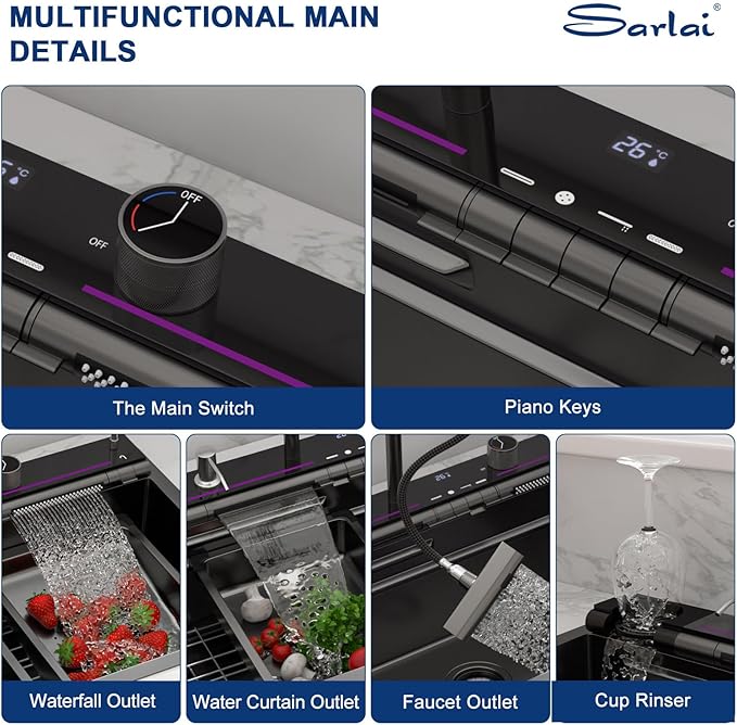 Sarlai Waterfall Kitchen Sink - 33 Inch Drop In Workstation Sink With Waterfall Black Stainless Steel 16 Gauge Multifunction Single Bowl Smart Top Mount Kitchen Sinks with Mechanical Keys 33x19 Inch