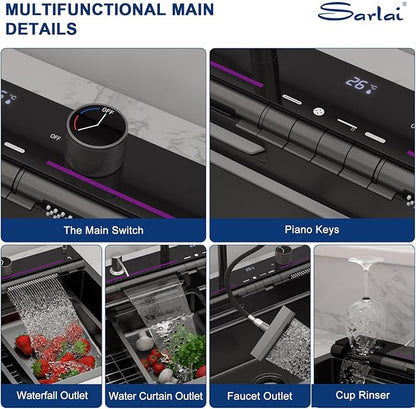 Sarlai Waterfall Kitchen Sink - 33 Inch Drop In Workstation Sink With Waterfall Black Stainless Steel 16 Gauge Multifunction Single Bowl Smart Top Mount Kitchen Sinks with Mechanical Keys 33x19 Inch