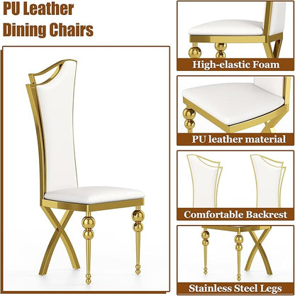 7-Piece Modern Dining Table Set, 70" Black Tempered Glass Kitchen Table with Gold Polished Stainless Steel U-Shaped Pedestal Base and 6 White High Back Chairs with X-Shaped Legs, for Dining Room