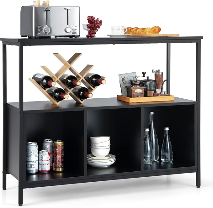 Giantex Buffet Sideboard, Wooden Cupboard, Kitchen Pantry w/Spacious Countertop, Large Open Shelf, 3 Cube Storage Cabinet, Sturdy Rustproof Steel Frame, Modern Stationary Island, Black