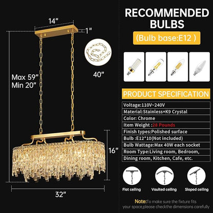Gold Crystal Chandelier | Modern Luxury Oval-Shaped Chandeliers for Dining Room Light Fixture, 32" 10-Light Crystal Ceiling Lighting Fixture for Dining Room Kitchen Island Bar