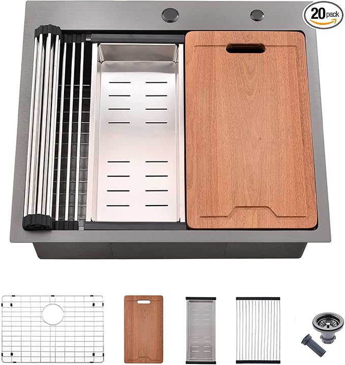 25 Inch Black Drop In Kitchen Sink Workstation - VOKIM 25x22-Inch Drop In sink 16 Gauge Stainless Steel 10'' Deep Single Bowl Handmade Kitchen Sink with Cutting Board& Strainer